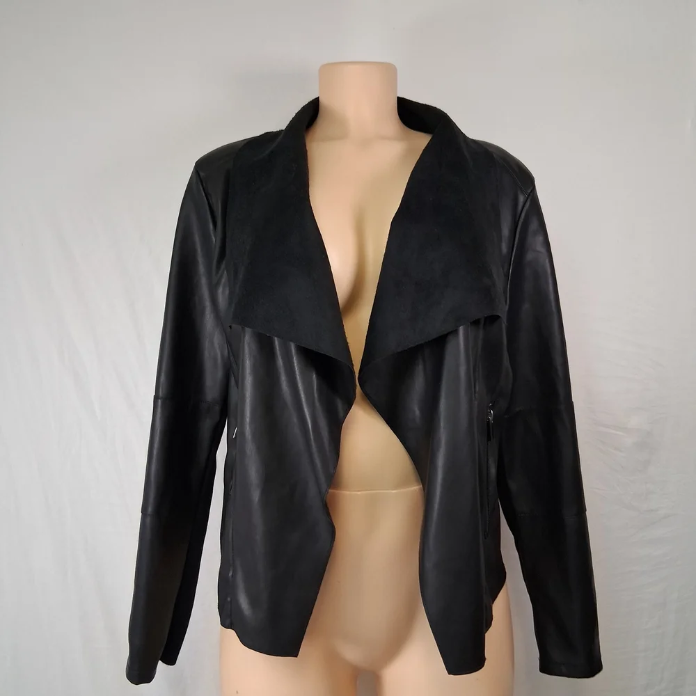 bagatelle Black Vegan Leather Draped Jacket with Textured Collar